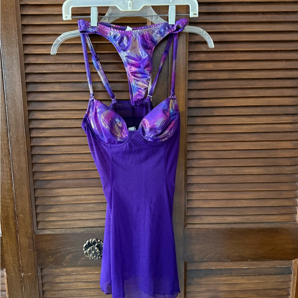 Shirley of Hollywood 2 pc Purple Chemise w/Metallic Accents, Adjustable Straps